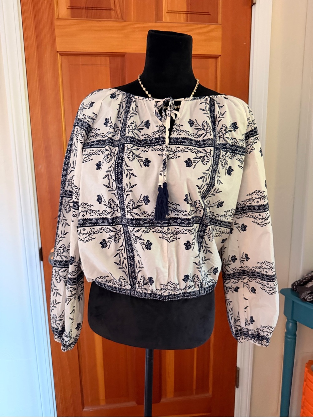 100% Cotton Boho White and Navy Peasant Blouse - Women's Top
